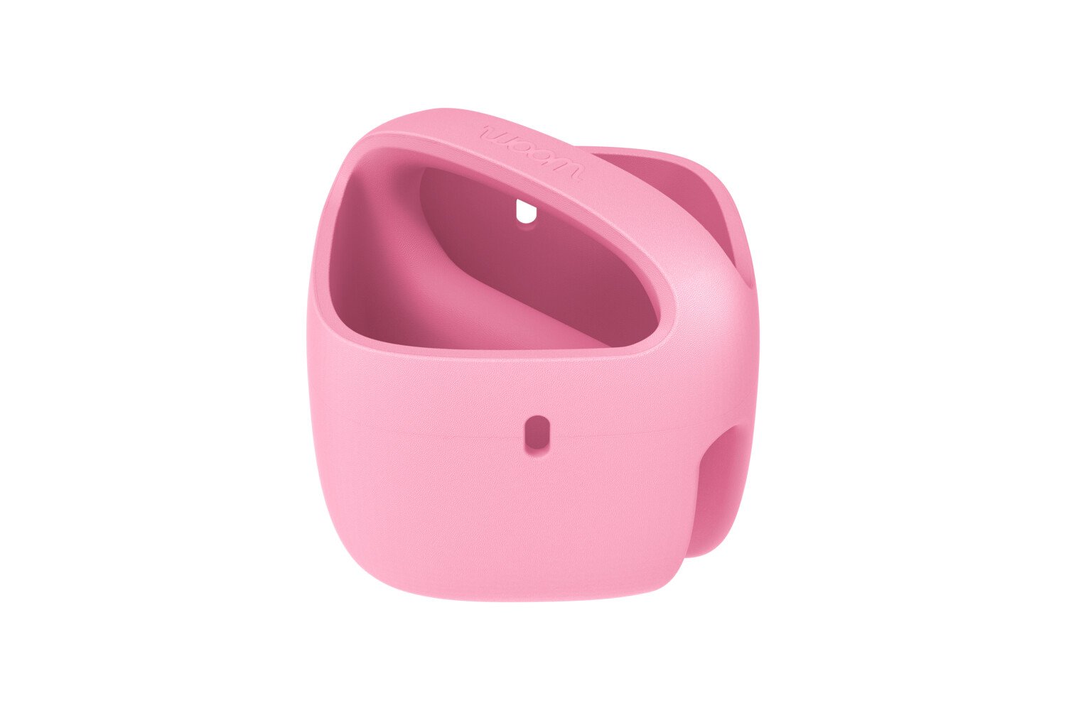 Seitliche Frontansicht eines rosa POP Kinderfahrradkorbes von woom