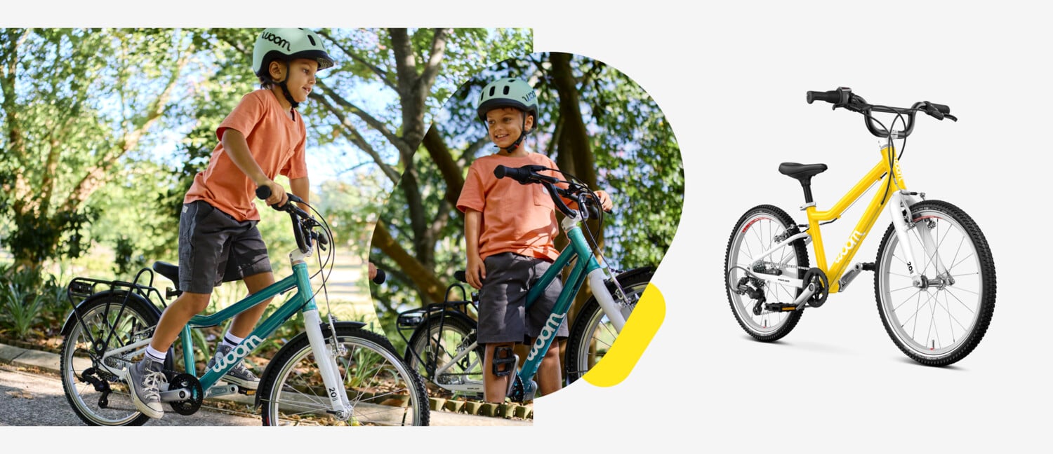 Till vänster: barn kör stående på woom GO 4, i mitten: leende barn med stillastående cykel, till höger: woom GO 4 i gult