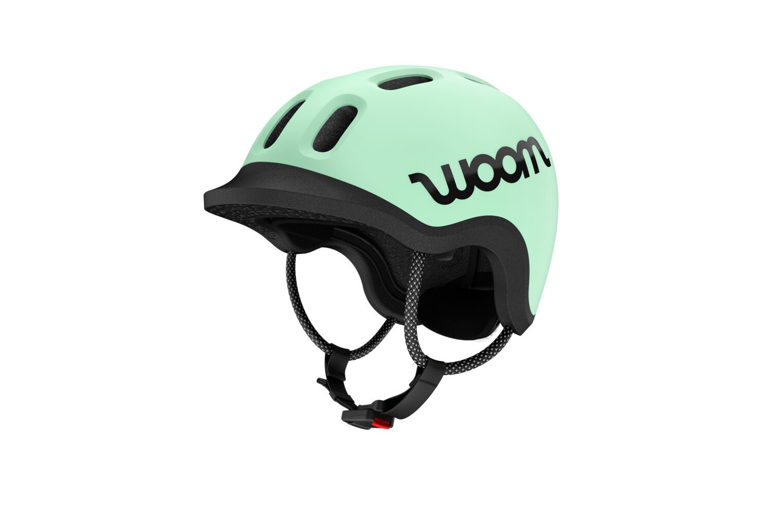 Seitliche Frontansicht des READY Fahrradhelms von woom in Grün