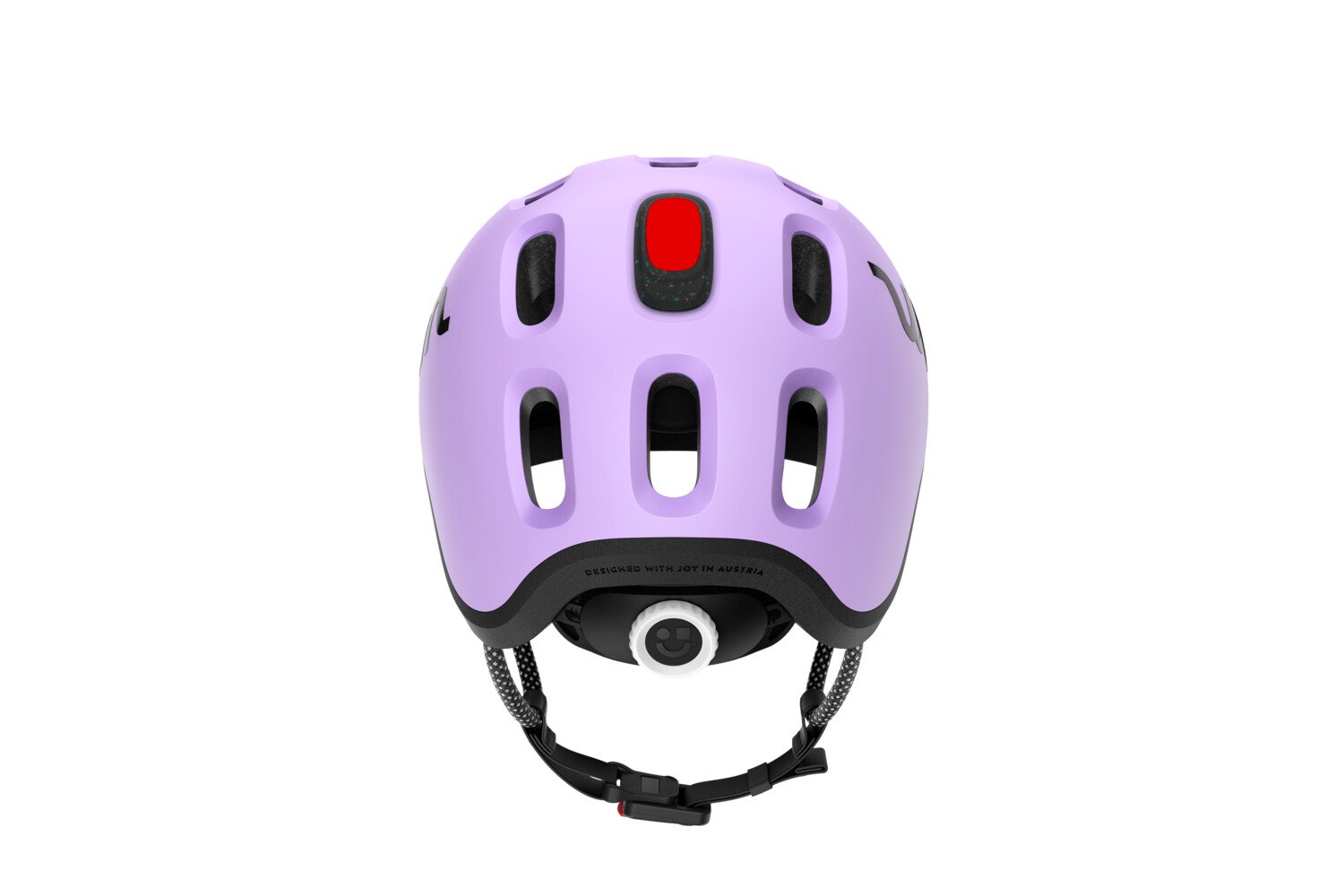 Rückansicht des READY Fahrradhelms in Lila mit Größendrehrad und eingeklipstem rotem Helmlicht