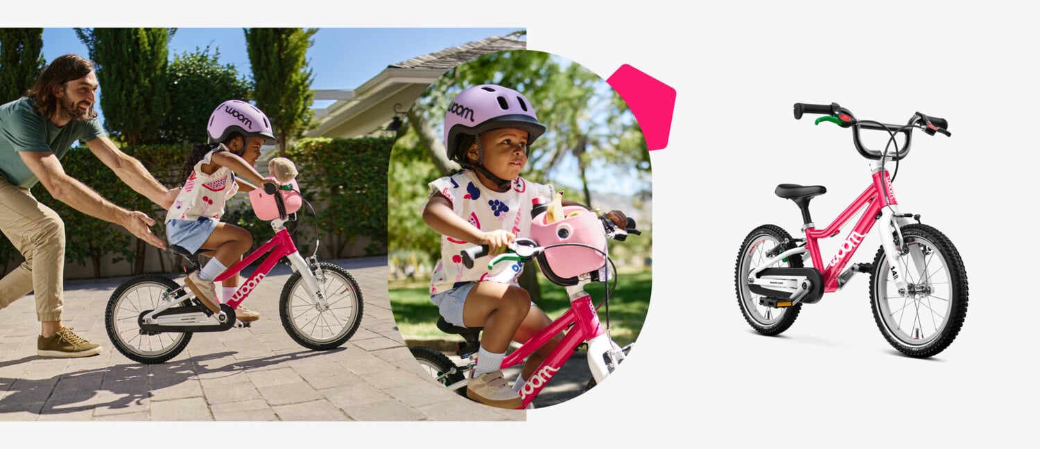 Till vänster: flicka med READY-hjälm kör på woom GO 2, i mitten: barn på woom GO 2 med cykelkorg, till höger: woom GO 2 i rosa